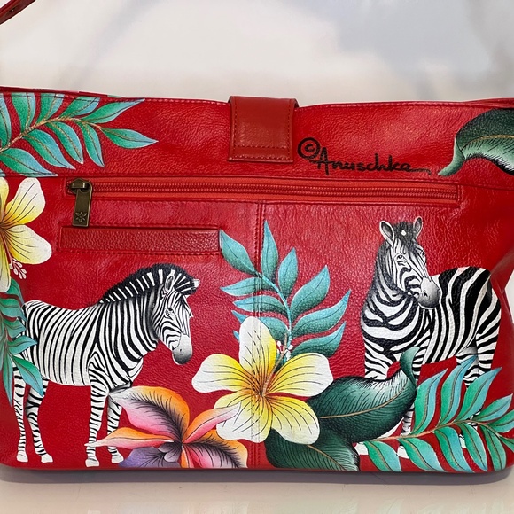 Anuschka Purse Genuine Leather Hand Painted Red Zebra Tropical Floral Bag - Picture 7 of 16